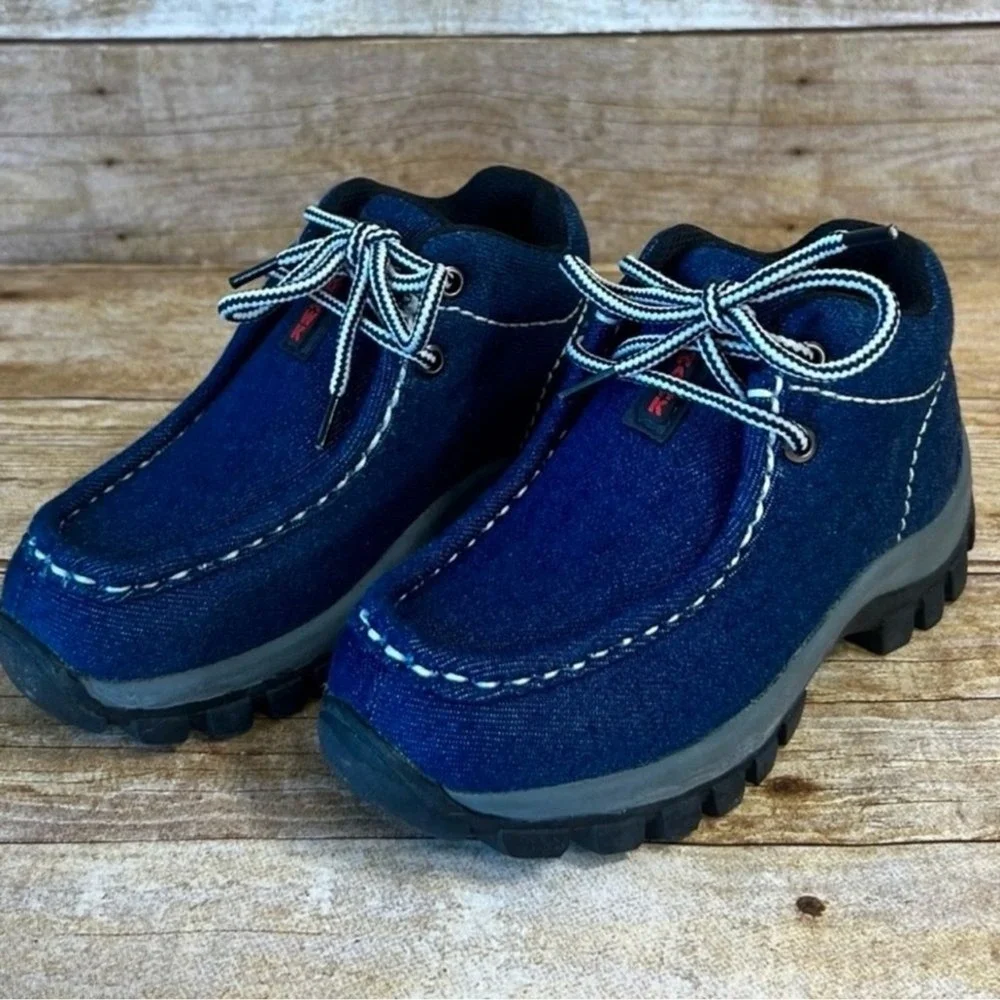 Redhawk Kids Blue Denim Moc Toe Lace‎ Up Boots Rugged Lug Sole Size 1